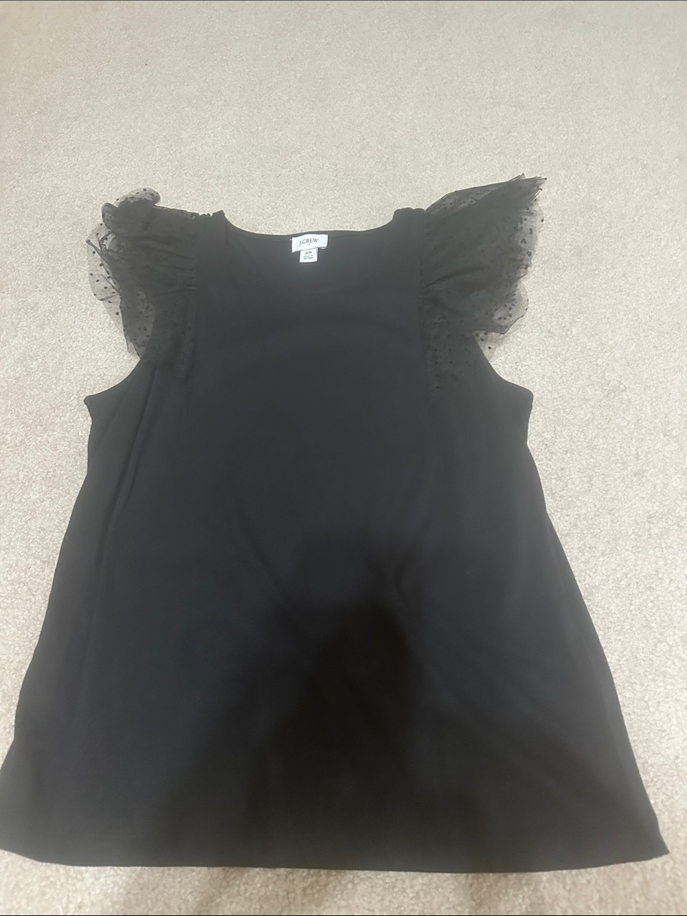 J. Crew Black Sleeveless Top with Sheer Dot Ruffle Shoulders